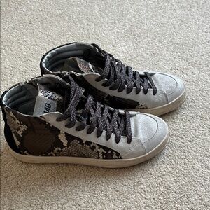 P448 High Top Snake Print Sneakers with bronze and silver detail, EUC